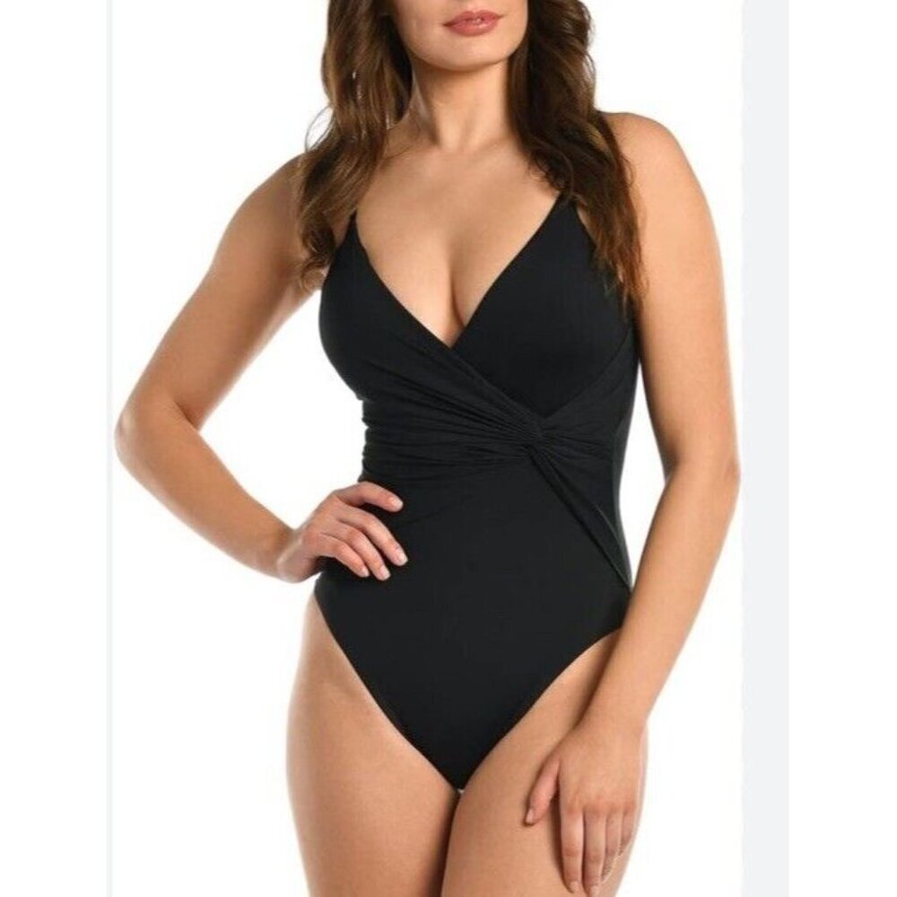 La Blanca Sz 10 Swimsuit One Piece Island Goddess Slenderizing Ruching Black New